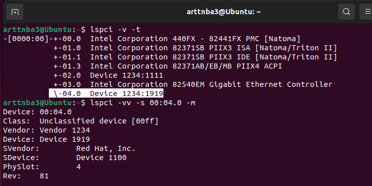 Viewing the newly added PCI device using lspci